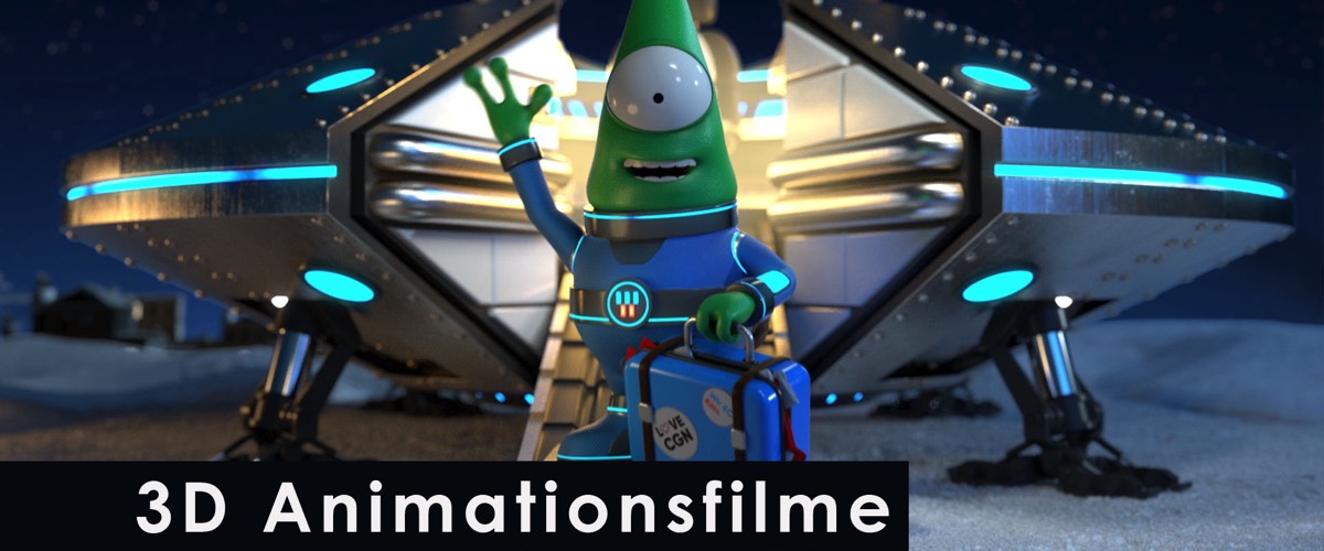 3D Character Animation eines lustigen Aliens vor seinem Ufo