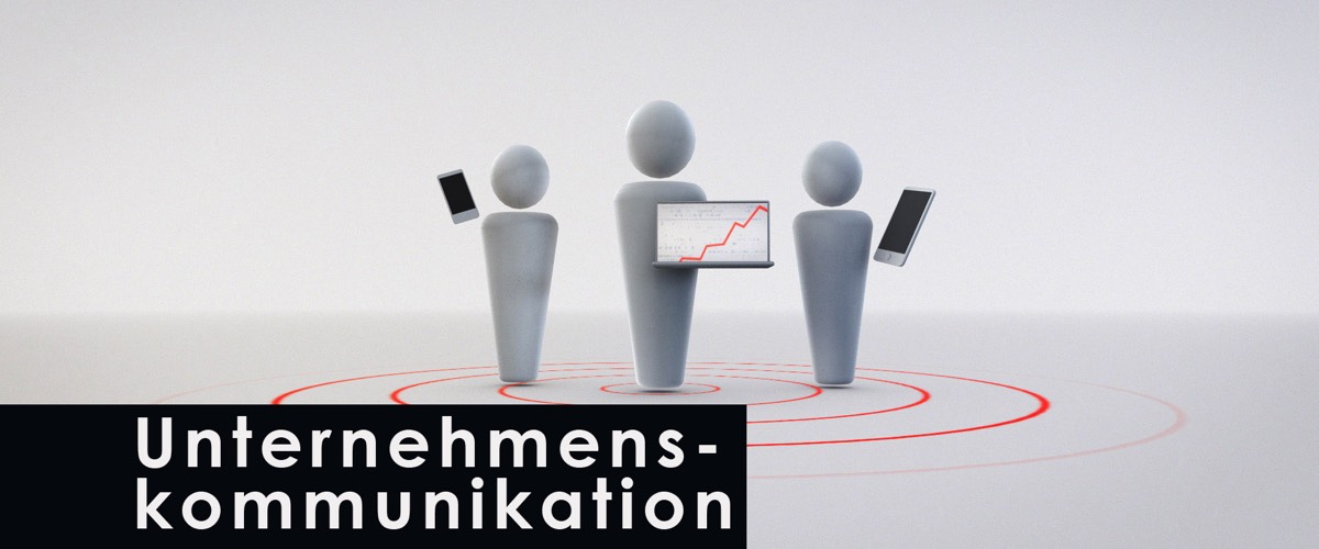 Eine 3D Grafik von drei stilisierten Personen die mit Handy und Laptop arbeiten