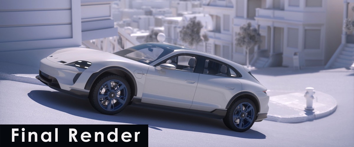 3D Grafik eines Porsche der an einer Strassenecke 