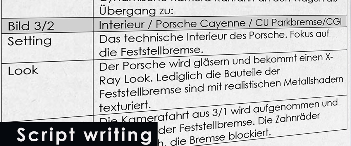 Nahaufnahme einer Drehbuch Seite für einen Werbespot