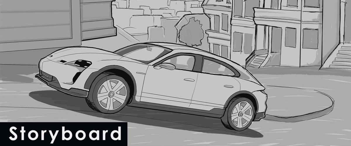 Gezeichnetes Storyboard eines Porsche